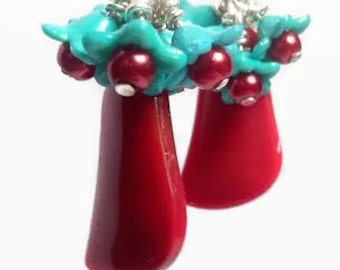 Desert flower earrings with red howlite and blue flower beads on silver plate earwires, southwestern, light blue,  floral, funky earrings,