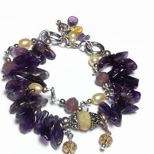 Multistrand Amethyst Armband mit Perlen, chunky lila Edelstein Armband