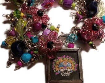 Day of the Dead Skull charm bracelet in  black, green, pink and purple, cha cha bracelet