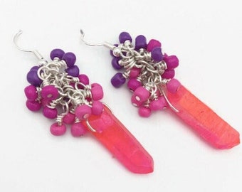 Hot pink quartz cluster earrings with pink and purple seed bead clusters, neon stone earrings, fluorescent