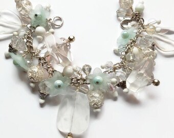 Frosty clear, white and pale blue cha cha bracelet, winter colors, ice bracelet, bead cluster bracelet