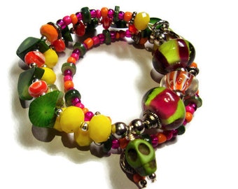 Colorful wrap bracelet with skull and flower charms, Day of the Dead memory wire bracelet