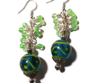 Blue and green lampwork swirl earrings with green bead clusters, dangle earrings