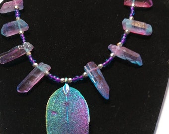 Iridescent pink and purple leaf and crystal necklace, adjustable, celestial colors, chunky stone necklace,