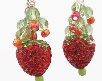 Rhinestone strawberry earrings, clip-ons available, bead cluster dangle earrings with glittery red and green strawberry charms,