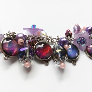Purple outer space celestial charm bracelet with photo charms, flowers and beads, cha cha style bracelet, astronomy jewelry image 7