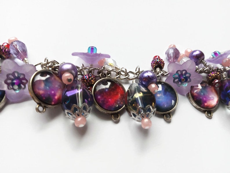 Purple outer space celestial charm bracelet with photo charms, flowers and beads, cha cha style bracelet, astronomy jewelry image 7