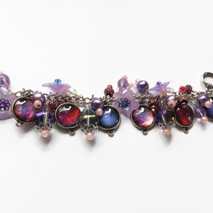 Purple outer space celestial charm bracelet with photo charms, flowers and beads, cha cha style bracelet, astronomy jewelry image 6