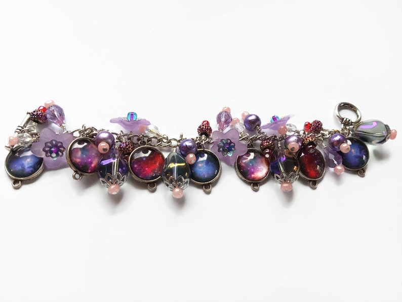 Purple outer space celestial charm bracelet with photo charms, flowers and beads, cha cha style bracelet, astronomy jewelry image 6