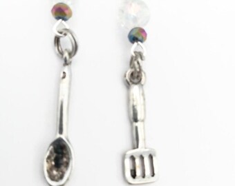 Cooking utensil charm earrings with faceted bead accents, cook gift, kitchen utensil jewelry, unusual charm jewelry