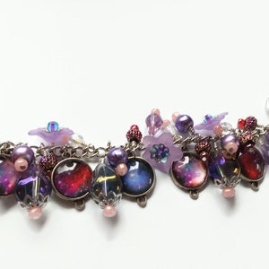 Purple outer space celestial charm bracelet with photo charms, flowers and beads, cha cha style bracelet, astronomy jewelry image 9