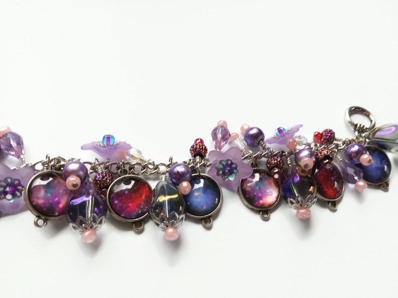 Purple outer space celestial charm bracelet with photo charms, flowers and beads, cha cha style bracelet, astronomy jewelry image 9