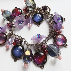 Purple outer space celestial charm bracelet with photo charms, flowers and beads, cha cha style bracelet, astronomy jewelry image 2