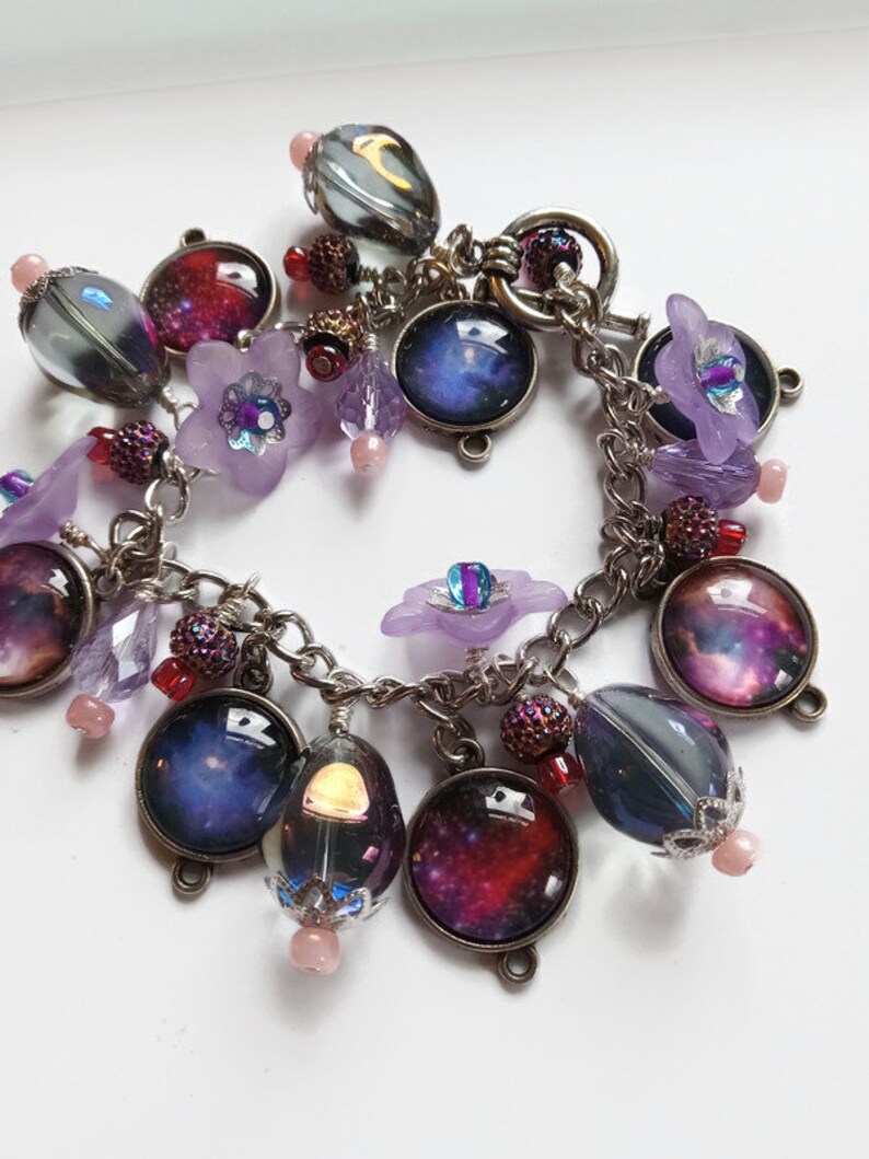 Purple outer space celestial charm bracelet with photo charms, flowers and beads, cha cha style bracelet, astronomy jewelry image 2