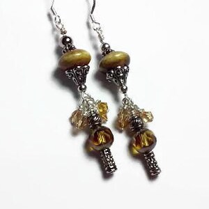 Brown and Yellow dangle earrings with ceramic beads and crystals, earth tone jewelry, natural jewelry, brown jewelry, tan earrings