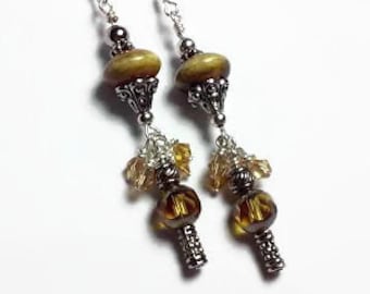 Brown and Yellow dangle earrings with ceramic beads and crystals, earth tone jewelry, natural jewelry, brown jewelry, tan earrings