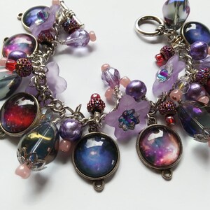 Purple outer space celestial charm bracelet with photo charms, flowers and beads, cha cha style bracelet, astronomy jewelry image 3