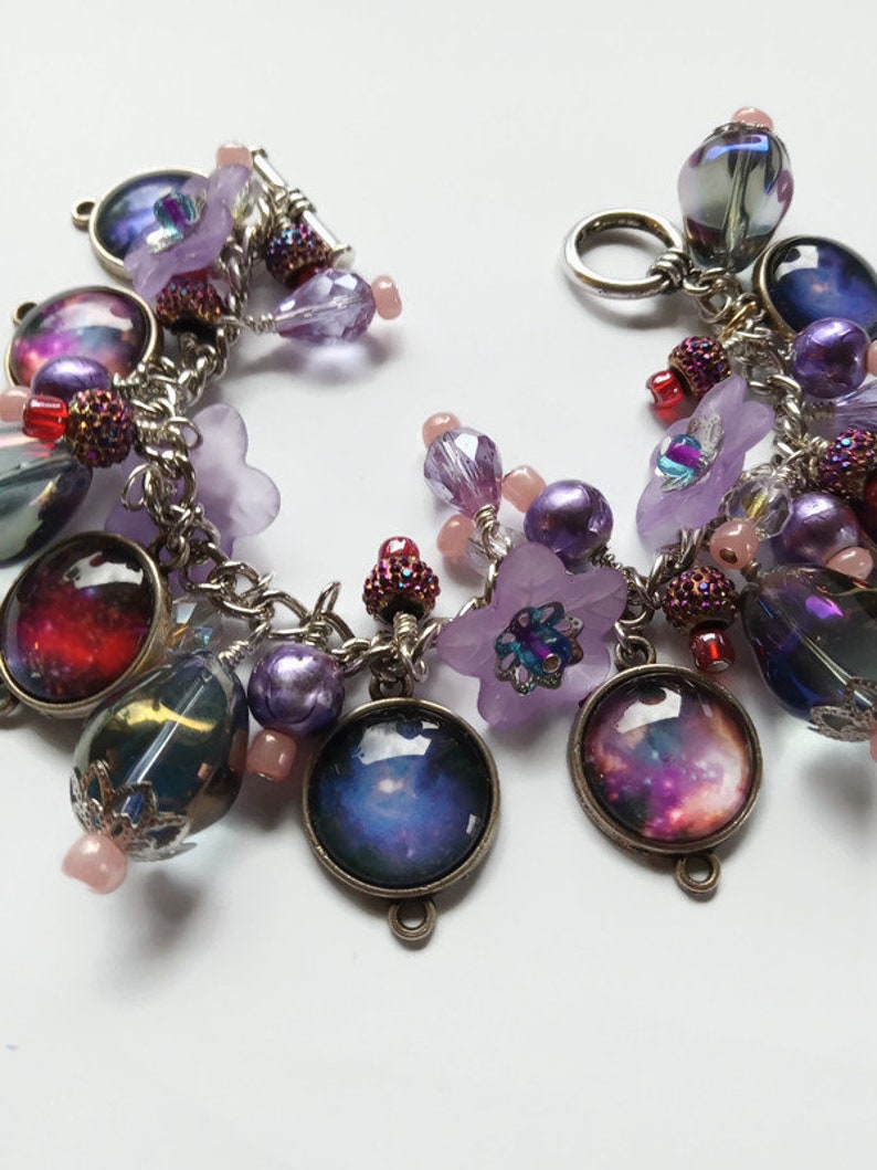 Purple outer space celestial charm bracelet with photo charms, flowers and beads, cha cha style bracelet, astronomy jewelry image 3