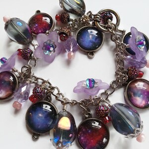 Purple outer space celestial charm bracelet with photo charms, flowers and beads, cha cha style bracelet, astronomy jewelry image 8