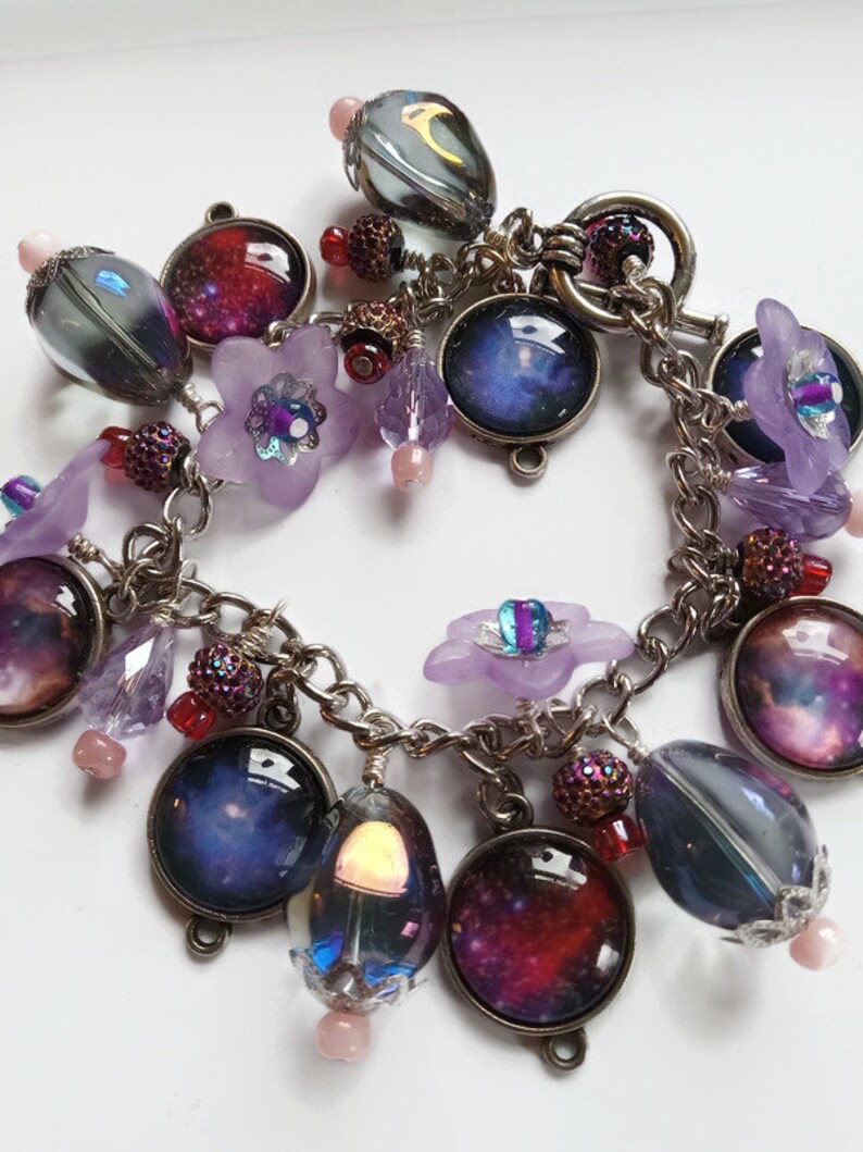 Purple outer space celestial charm bracelet with photo charms, flowers and beads, cha cha style bracelet, astronomy jewelry image 8