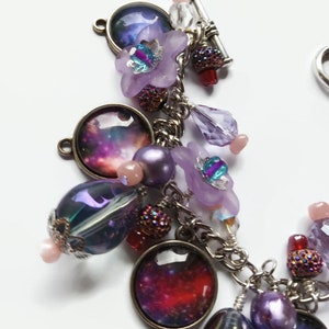 Purple outer space celestial charm bracelet with photo charms, flowers and beads, cha cha style bracelet, astronomy jewelry image 5