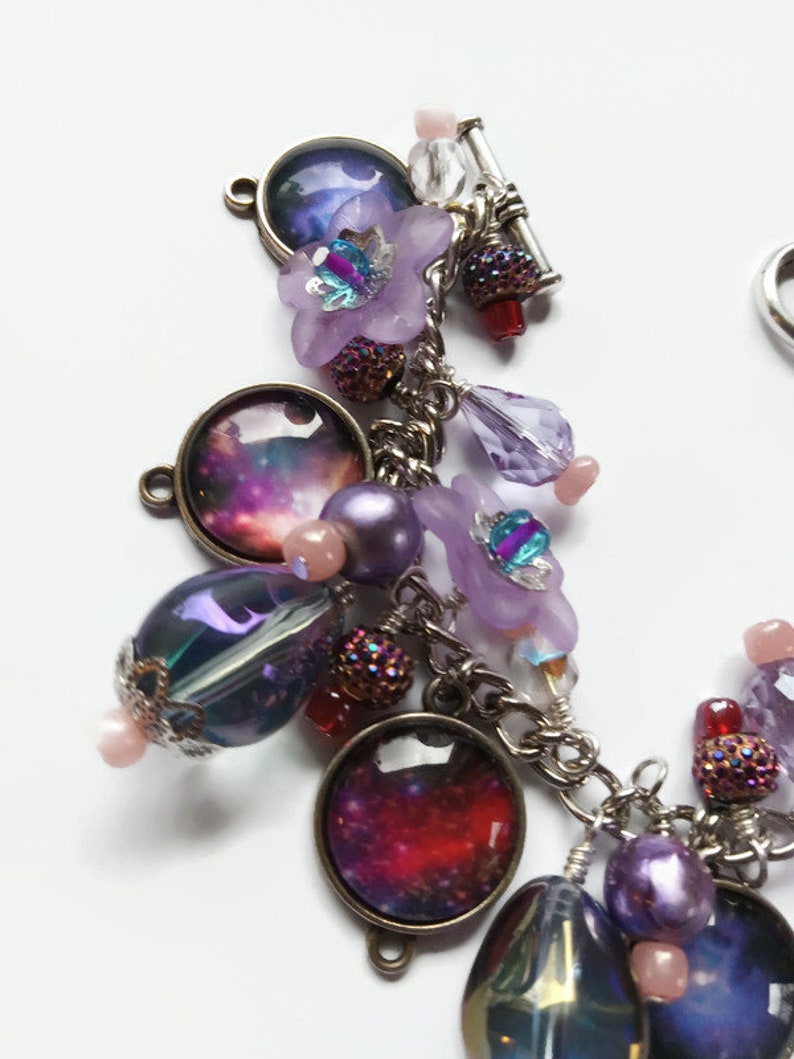 Purple outer space celestial charm bracelet with photo charms, flowers and beads, cha cha style bracelet, astronomy jewelry image 5