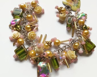 Rococo style cha cha bracelet in cream, light yellow, spring green and pink with rhinestones and heart floral print charm