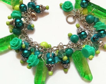 Lush green quartz crystal dagger cha cha bracelet in teal and lime green with floral bead charms