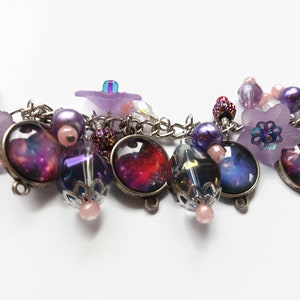 Purple outer space celestial charm bracelet with photo charms, flowers and beads, cha cha style bracelet, astronomy jewelry image 10