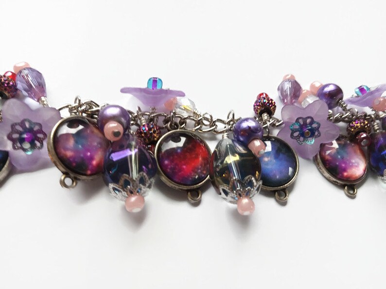 Purple outer space celestial charm bracelet with photo charms, flowers and beads, cha cha style bracelet, astronomy jewelry image 10