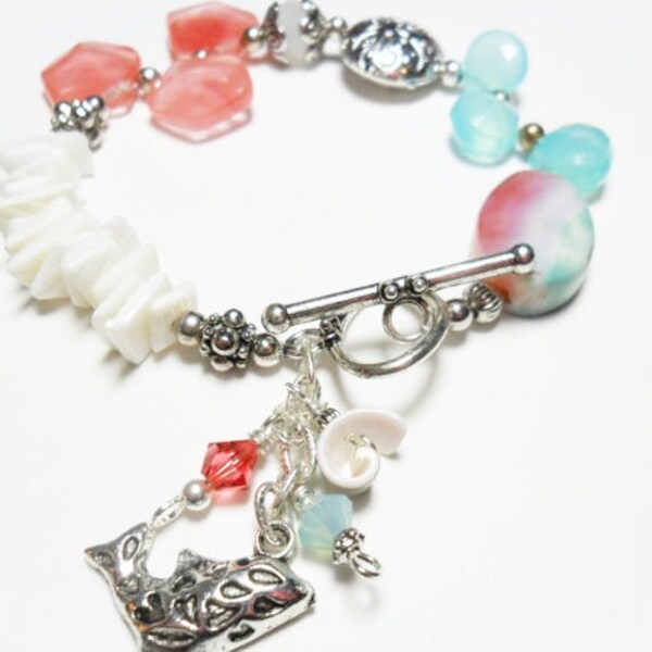 Aqua blue chalcedony bracelet  agate and raspberry quartz gemstone with fish charm and shell