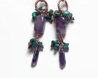 Amethyst and turquoise copper cluster earrings *Clip Ons Available*