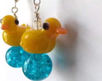 Yellow duck earrings *clip-ons available*, Easter earrings with lampwork glass duck beads, cute animal jewelry