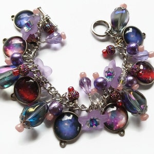 Purple outer space celestial charm bracelet with photo charms, flowers and beads, cha cha style bracelet, astronomy jewelry image 1