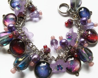 Purple outer space celestial charm bracelet with photo charms, flowers and beads, cha cha style bracelet, astronomy jewelry