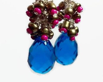 Blue cluster dangle earrings with pink and brushed gold glass beads - silver plate earwires