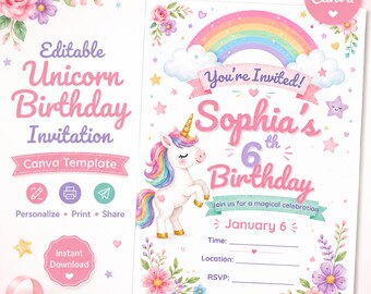 Unicorn Birthday Invitation Template | Editable Canva Invite for Girls Party