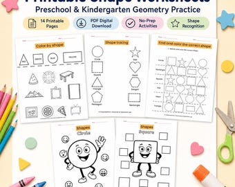 Preschool Shapes Worksheets, 2D Shape Recognition, Tracing, Matching, Coloring and Cut & Paste Activities (Digital Download)