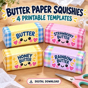 Peut inclure: Quatre squishies en papier rectangulaires avec le texte BUTTER PAPER SQUISHIES 4 PRINTABLE TEMPLATES. Chaque squishy présente un visage mignon, des motifs vichy et les étiquettes BUTTER, STRAWBERRY BUTTER, HONEY BUTTER et RAINBOW BUTTER.