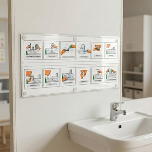 Può includere: Un pannello in acrilico trasparente con 12 passaggi illustrati per lavarsi i denti. Ogni passaggio è un piccolo quadrato con un disegno e del testo. Il pannello è montato su una parete bianca sopra un lavandino bianco.