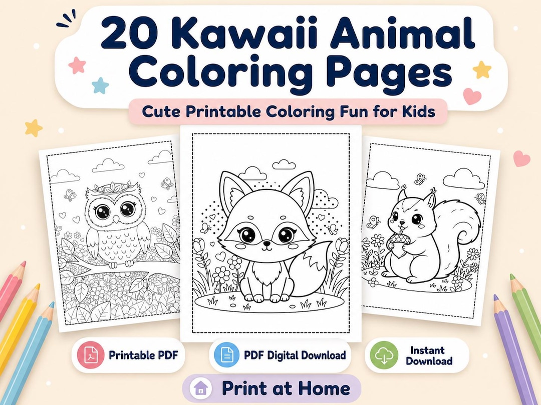 Kawaii Animal Coloring Pages for Kids, Woodland Creatures Printable PDF ...