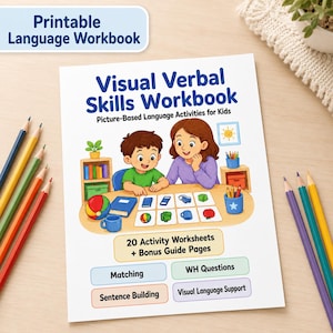 May include: A Visual Verbal Skills Workbook for kids featuring a cartoon illustration of a child and an adult at a table with picture cards. The cover includes the text 20 Activity Worksheets + Bonus Guide Pages, Matching, WH Questions, Sentence Building, and Visual Language Support.