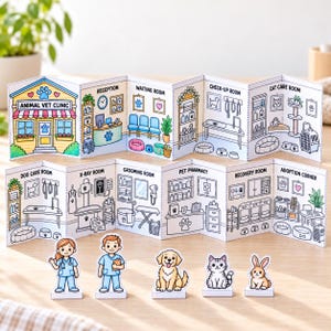 Pode incluir: Um conjunto de jogo de papel dobrável de uma clínica veterinária com várias divisões como receção, sala de espera e áreas de exame. Inclui cinco figuras de papel de dois profissionais médicos, um cão, um gato e um coelho.