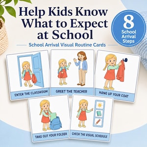 May include: A set of five square visual routine cards titled Help Kids Know What to Expect at School and 8 School Arrival Steps. Each card features a cartoon girl in a red dress and green shirt performing tasks: entering a classroom, greeting a teacher, hanging up a coat, taking out a folder, and checking a visual schedule.
