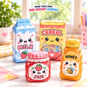 Puede incluir: Un conjunto de cuatro juguetes de espuma suave etiquetados como Make Your Own Mini Grocery Squishies, que incluye un cartón de leche azul, una caja de cereales amarilla, un tarro de mermelada rojo con tapa a cuadros y un bote de miel naranja.