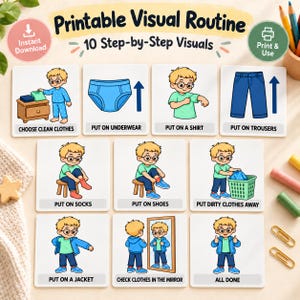 Puede incluir: Una tabla de rutina visual imprimible con 10 ilustraciones paso a paso de un niño vistiéndose. Cada tarjeta cuadrada muestra un personaje de dibujos animados realizando tareas como ponerse ropa interior, camisas, pantalones, calcetines, zapatos y mirarse al espejo.