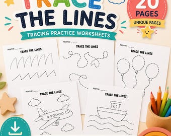 Pode incluir: Um conjunto de 20 folhas de exercícios de traçado intituladas TRACE THE LINES. As páginas apresentam linhas pontilhadas para traçar, incluindo ziguezagues, espirais, balões, um avião e um barco. Cada folha inclui um espaço para um nome.