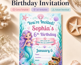 Mermaid Birthday Invitation, Editable Canva Template | Under the Sea Party for Girls