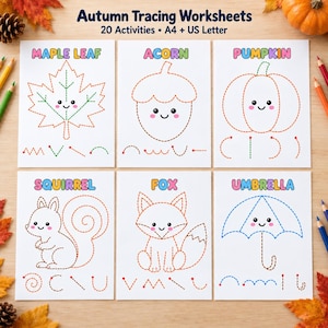 May include: Six educational tracing worksheets titled Autumn Tracing Worksheets 20 Activities A4 + US Letter. Each page features a dotted outline of a maple leaf, acorn, pumpkin, squirrel, fox, or umbrella with a smiling face and tracing lines.