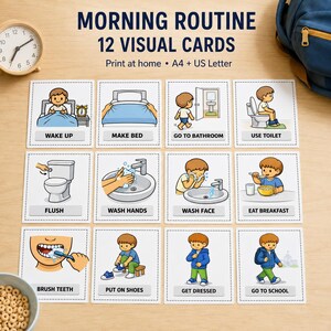 May include: A set of 12 Morning Routine visual cards featuring cartoon illustrations of daily tasks like waking up, making the bed, using the toilet, washing hands, brushing teeth, and going to school, with text labels for each activity.